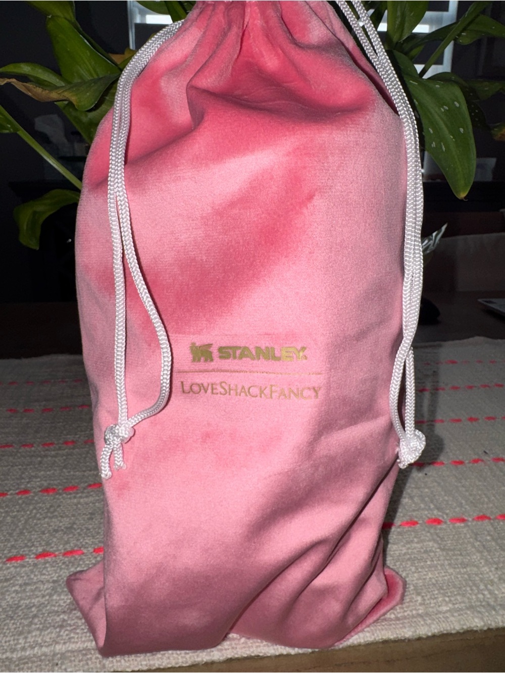 LoveShackFancy Pink Velvet Drawstring Pouch with Gold Logo